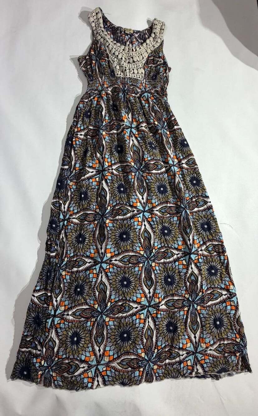 One World Boho Geometric Crochet Detail Maxi Dress Womens Size S